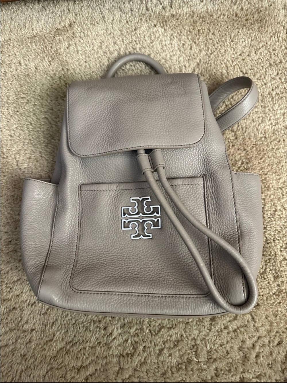 Tory Burch Pebbled Leather Backpack in Taupe Gray